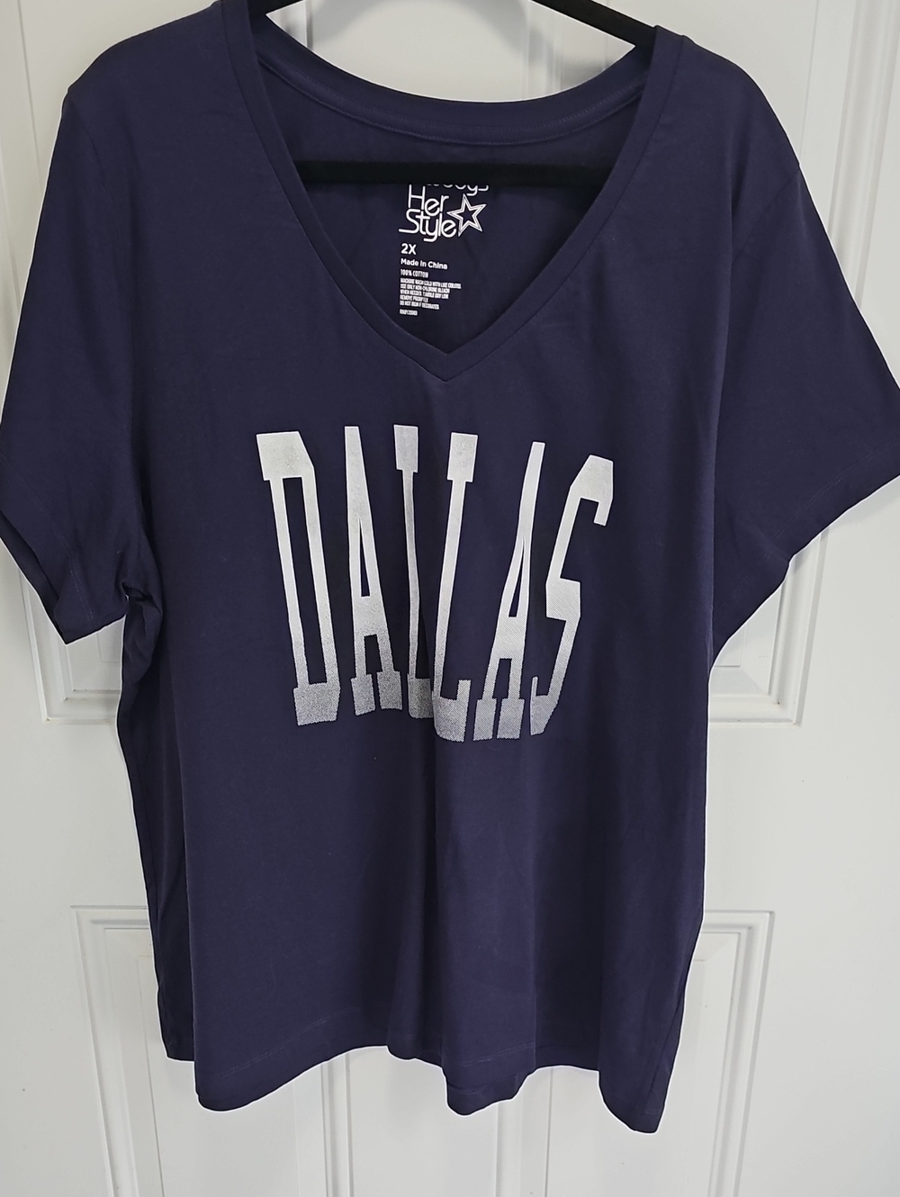 Herstyle Navy V-Neck Dallas Cowboys Graphic Tee with Silver Print